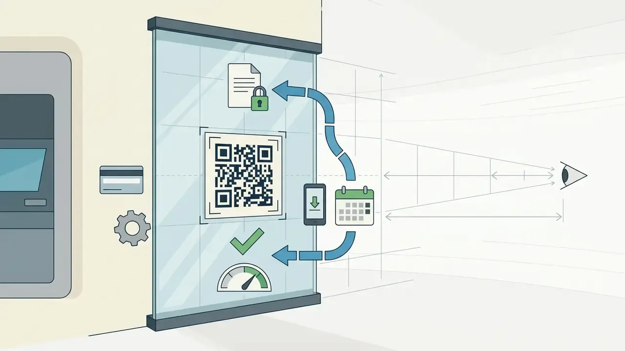 Glass panel with a QR code connected to document, calendar, and mobile icons with a distance perspective