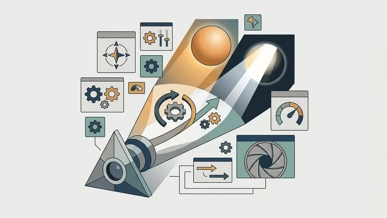 Triangular lens projecting light beams through gears and icons representing camera and framing settings