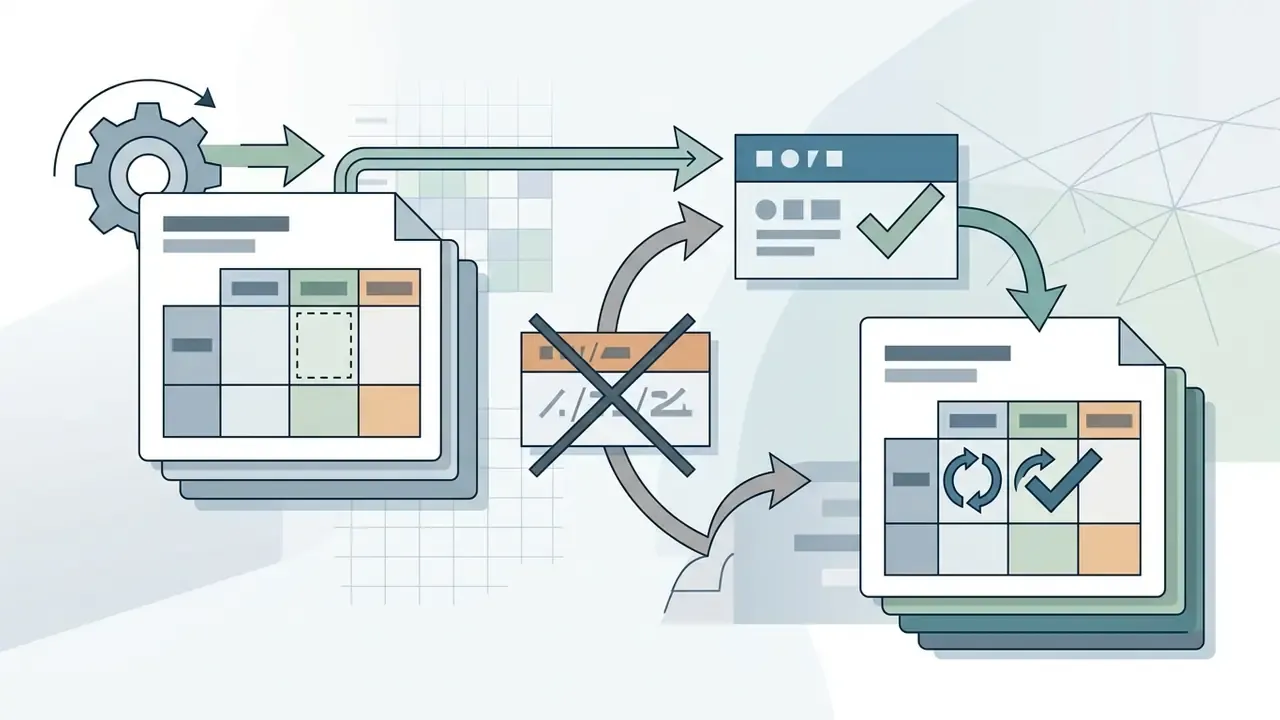 Gear mechanism driving a document update flow that replaces a crossed-out entry with a current audit cycle