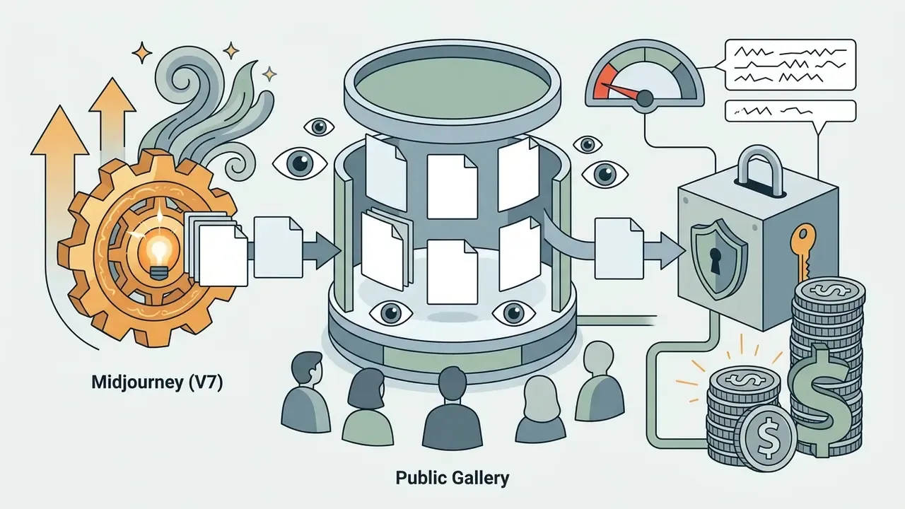 Diagram showing images moving from a creative gear to a public gallery and a locked financial vault