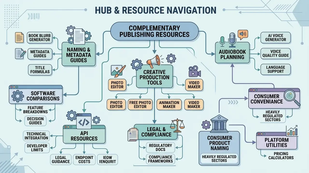 Map of publishing resources categorized by creative tools, software comparisons, and compliance guides