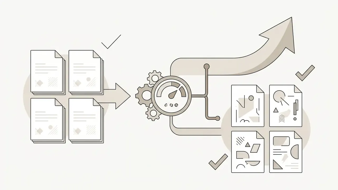 Four document icons feeding into a gauge and gears system that outputs four varied abstract designs