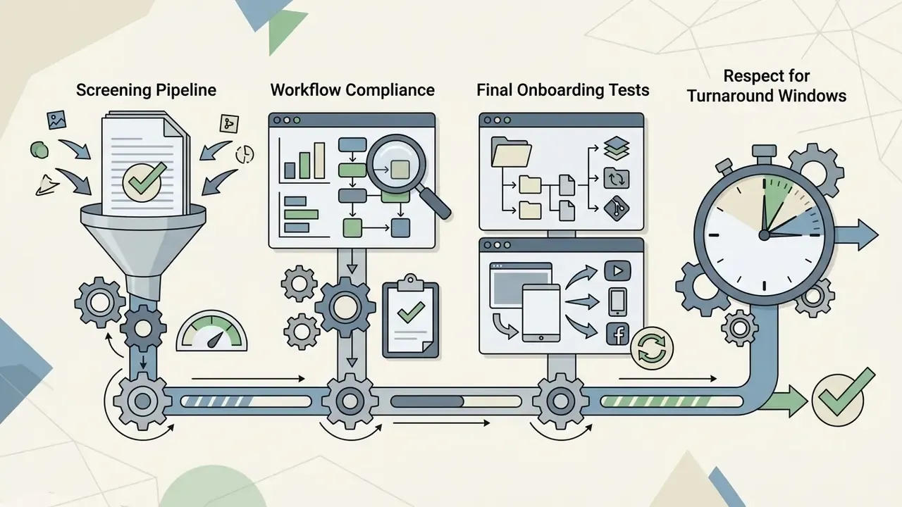 Screening pipeline and workflow compliance steps for remote video editor jobs moving through a gear system