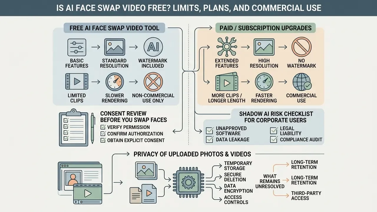 Comparison infographic showing feature differences between free and paid AI face swap video tools