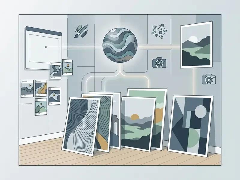 Glowing orb connected to various digital design tools and finished framed artwork in a studio space