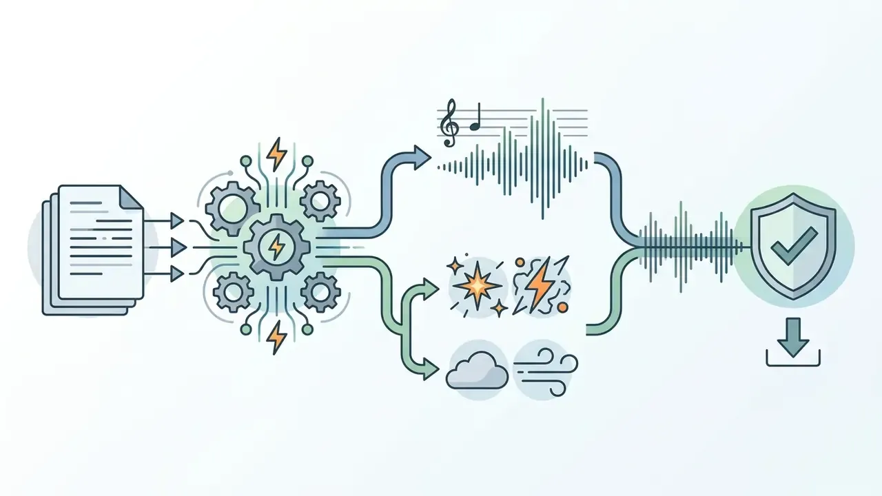 Document text feeding into a gear system that splits into music, sound effects, and ambient audio streams