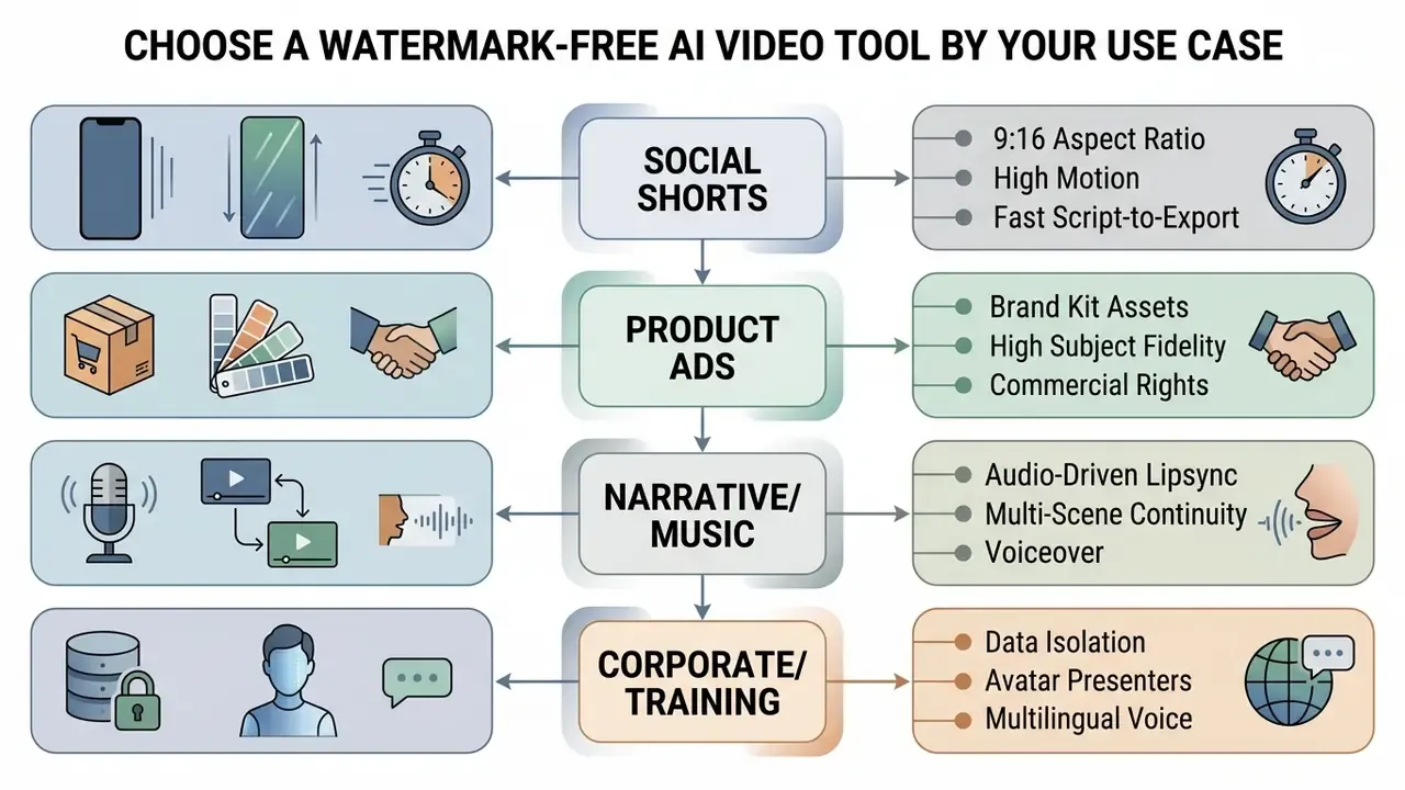 Matrix mapping four video production use cases to specific technical requirements and visual icons