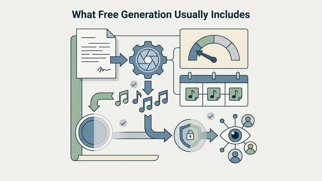 Gear mechanism processing documents into music files with usage gauges and public sharing indicators