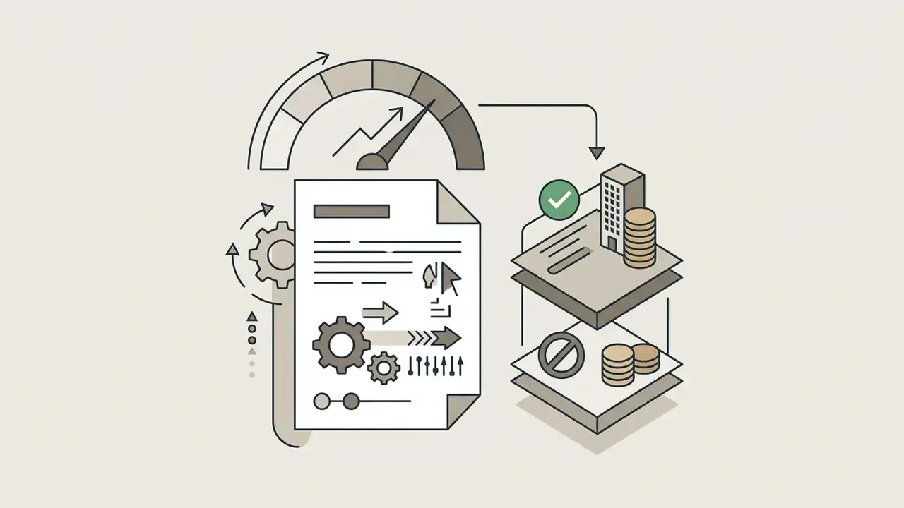 Speedometer and document icons connecting to tiered levels of corporate revenue and license permissions