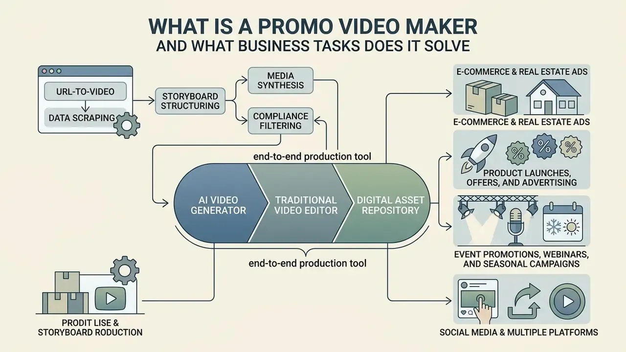 Flowchart showing how a promo video maker integrates AI tools and editors to create business content