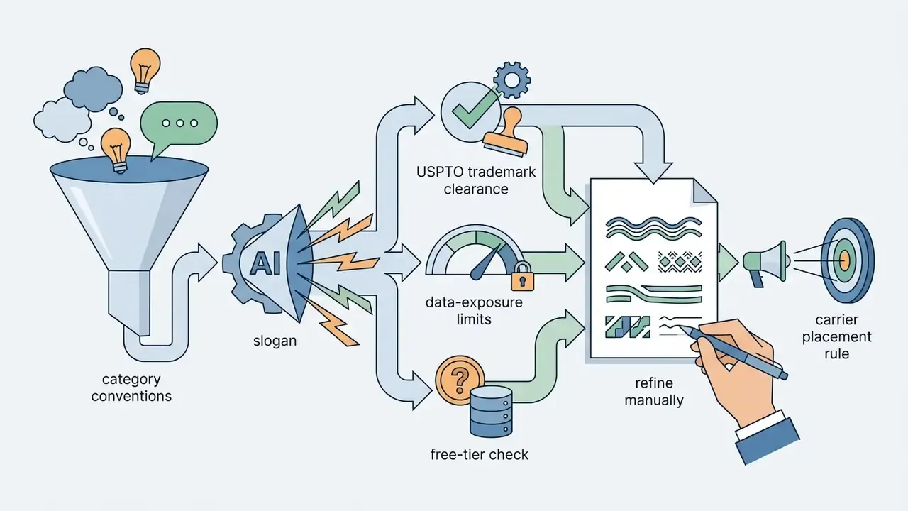 Funnel and AI engine processing branding concepts through compliance checks into manual refinement