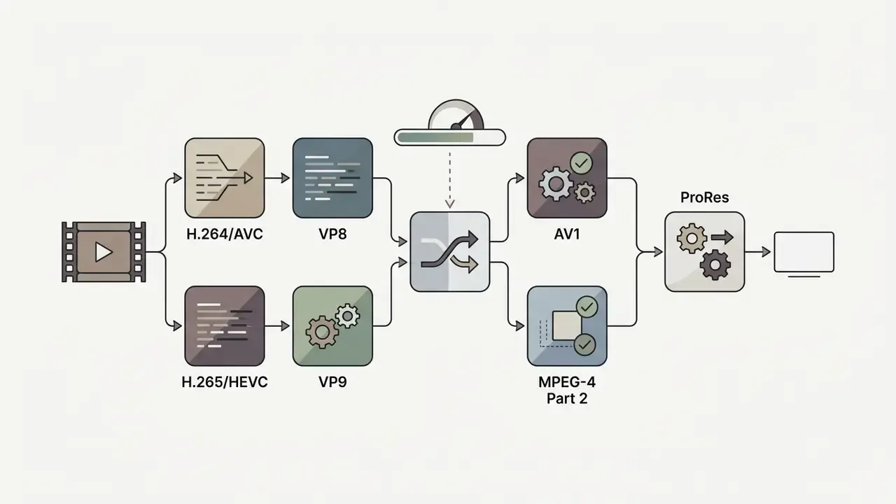 Flowchart showing video file conversion and transcoding processes between various codec formats