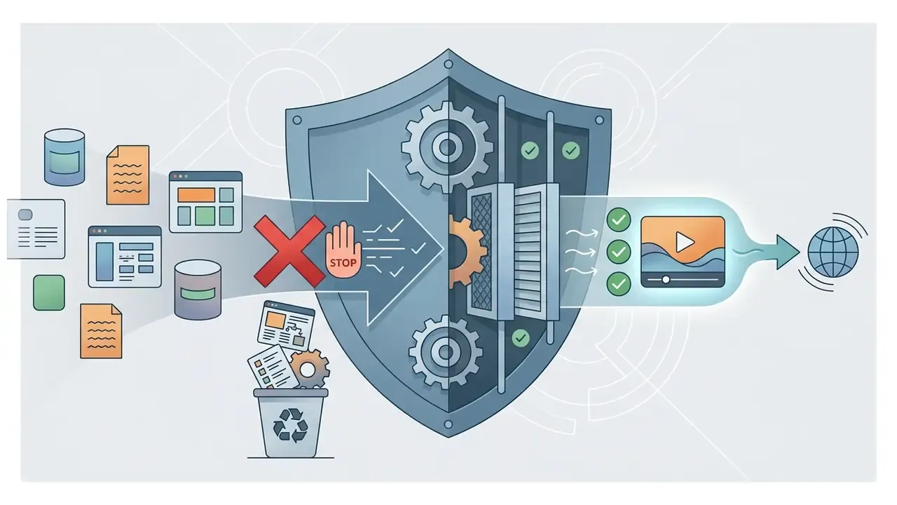 Data files blocked by a shield and stop sign before being filtered into a safe video player output