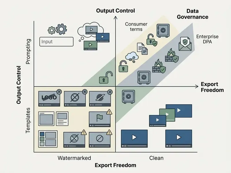 Matrix comparing output control and export freedom with data governance overlays for video tools