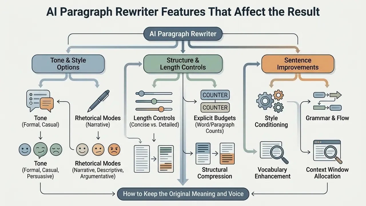 Flowchart detailing style, structure, and sentence improvement settings for automated text modification