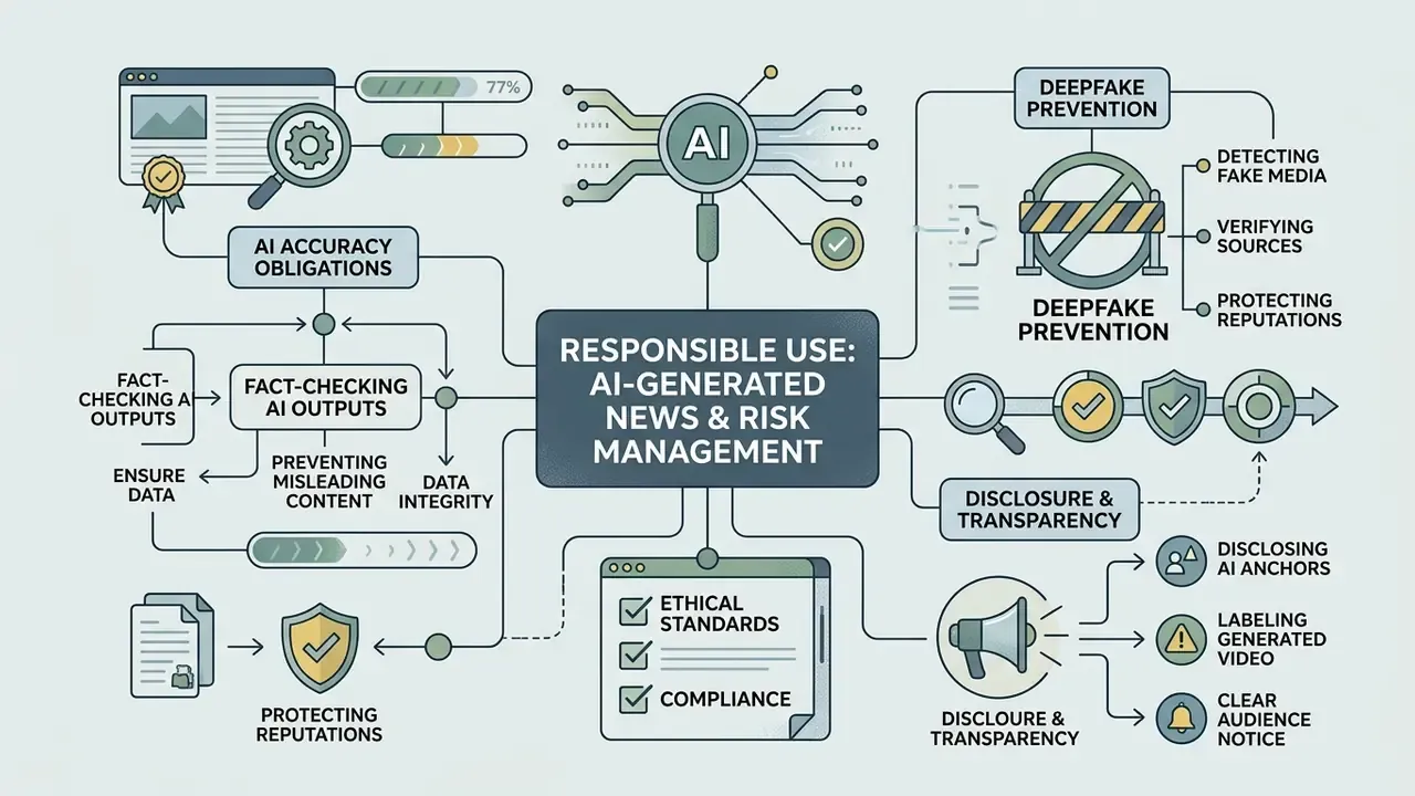 Diagram mapping ethical obligations, deepfake prevention strategies, and transparency requirements for media