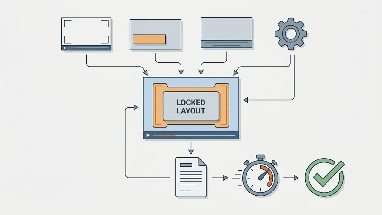 Diagram showing various video components feeding into a central locked layout for rapid approval