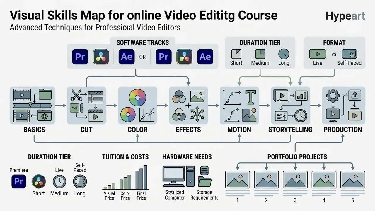 Flowchart mapping video editing skills from basics and cutting to color grading, motion, and production