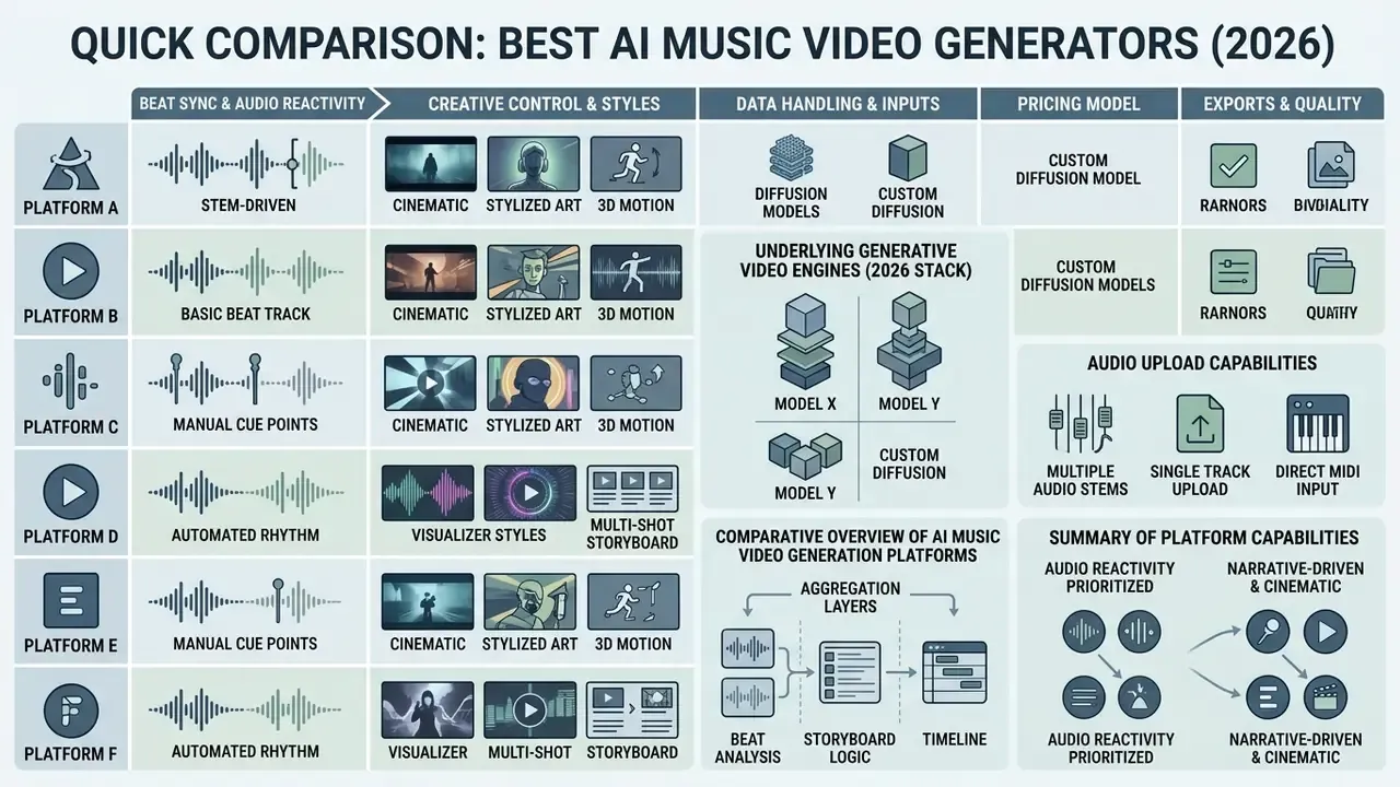 Comparison matrix evaluating six AI music video generator platforms across features like beat sync and data inputs