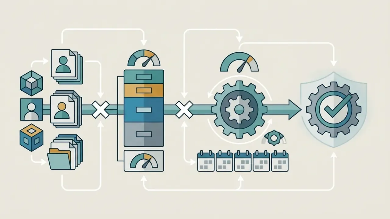 Icons of people and folders flowing through gauges and gears into a protected shield with a checkmark