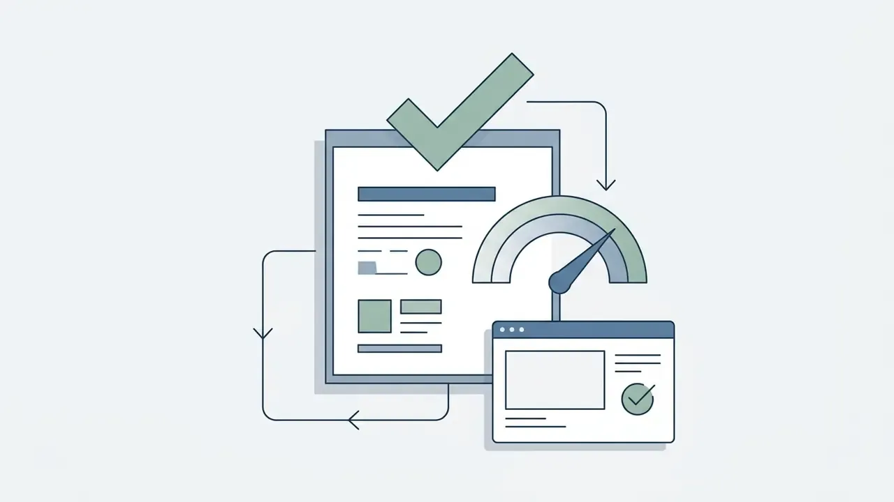 Document icon with a checkmark, speedometer, and browser window representing technical validation