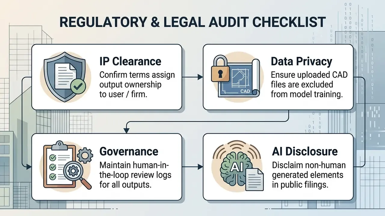 Sequential process steps for IP clearance, data privacy, governance, and AI disclosure in legal audits