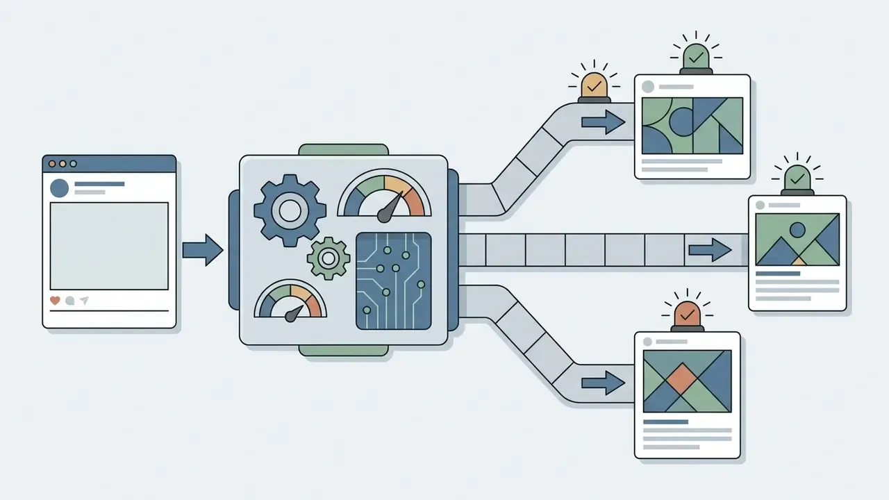 A central processing machine converting a single social media post template into three distinct variations
