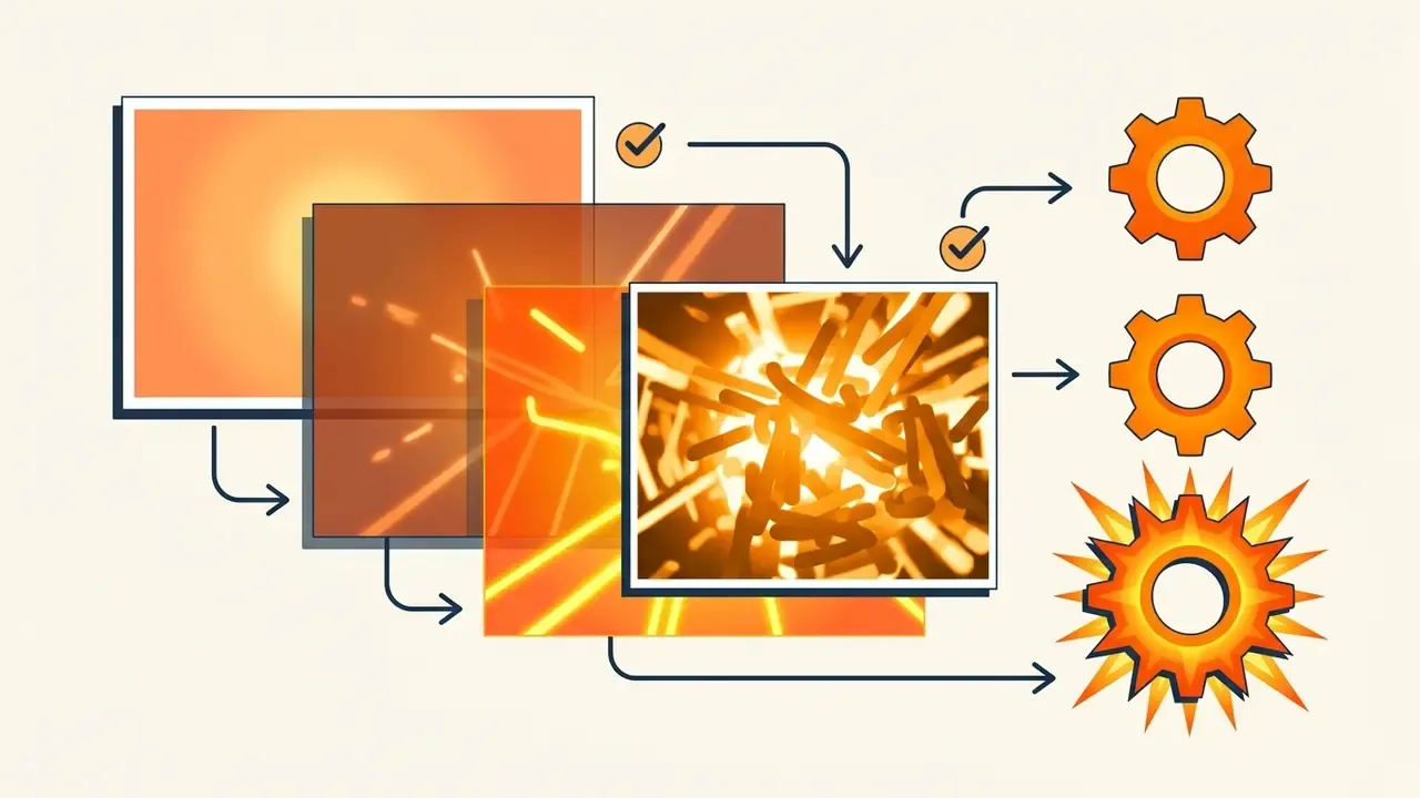 Overlapping warm-toned layers feeding into gear icons to represent cumulative color preset effects