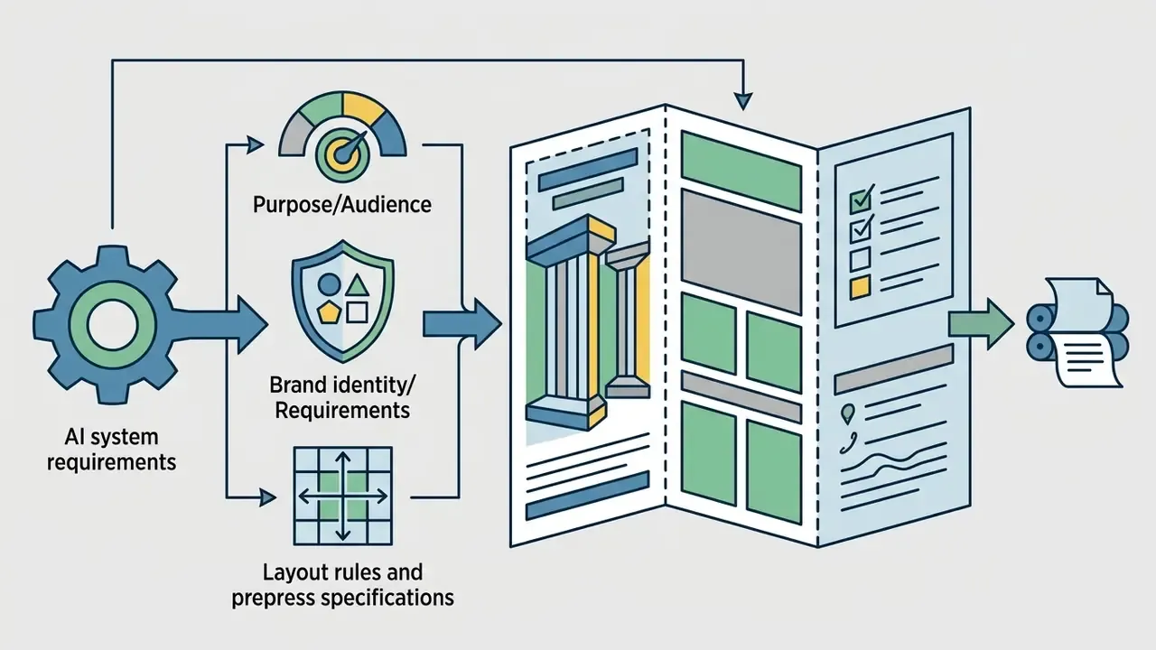 Gear mechanism processing design inputs into brochure panel boundaries and print ready output
