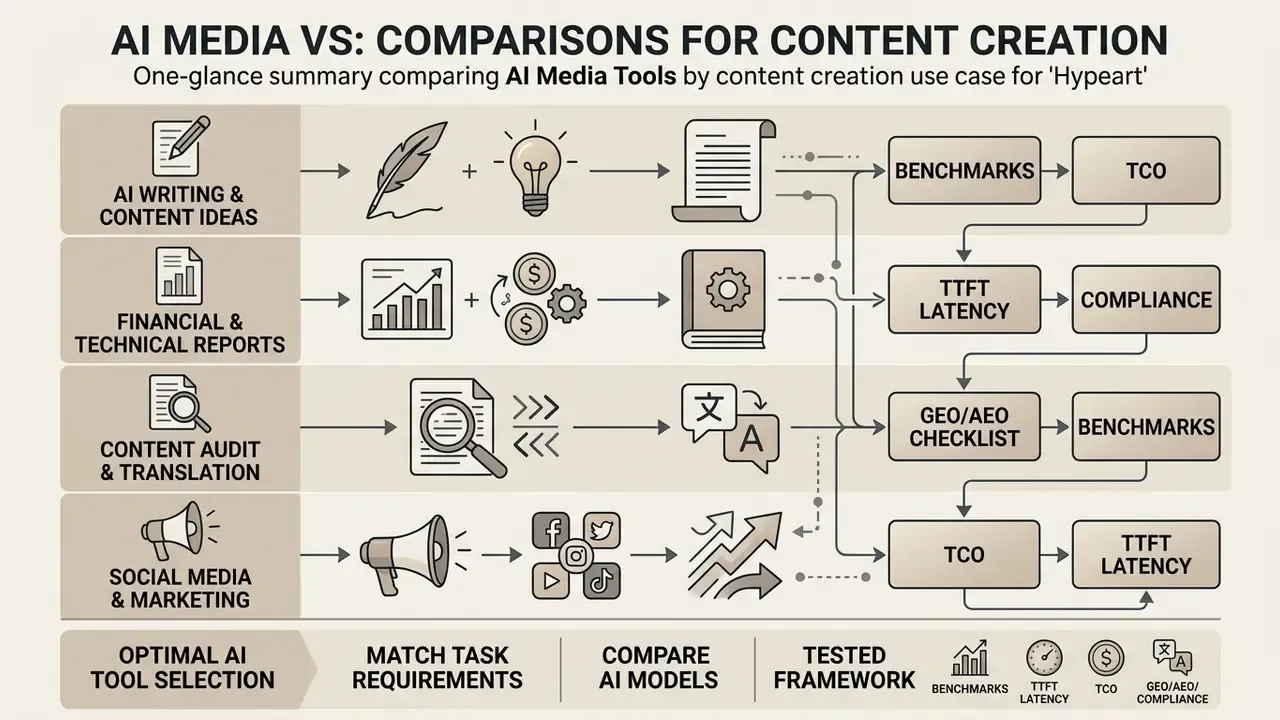 Matrix mapping specific content creation tasks to technical evaluation criteria for AI media tools