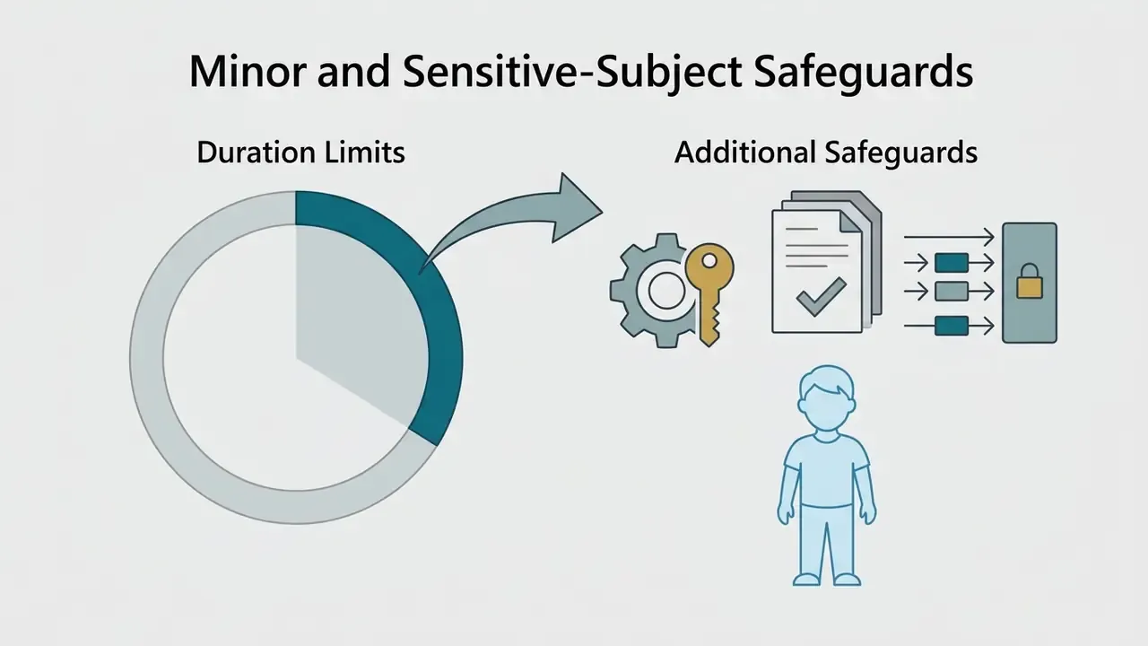 Pie chart with duration limits pointing to gear, document, and lock icons near a figure of a child