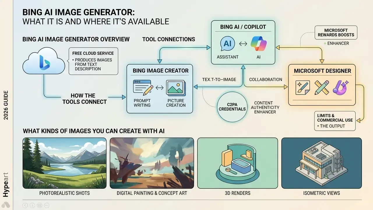 Infographic showing how Bing Image Creator, Copilot, and Microsoft Designer connect to generate images