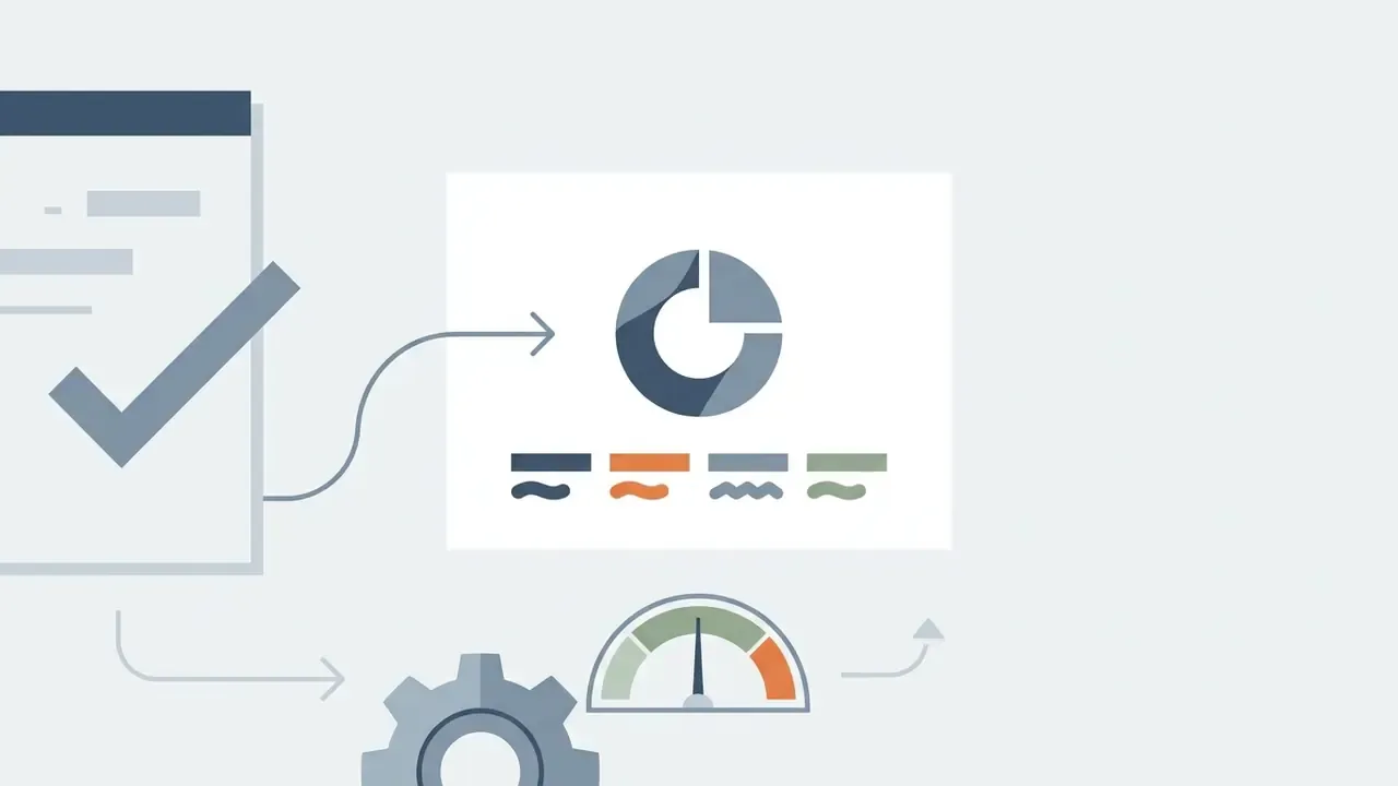 Document with a checkmark feeding into a pie chart and a gear mechanism with a speed gauge