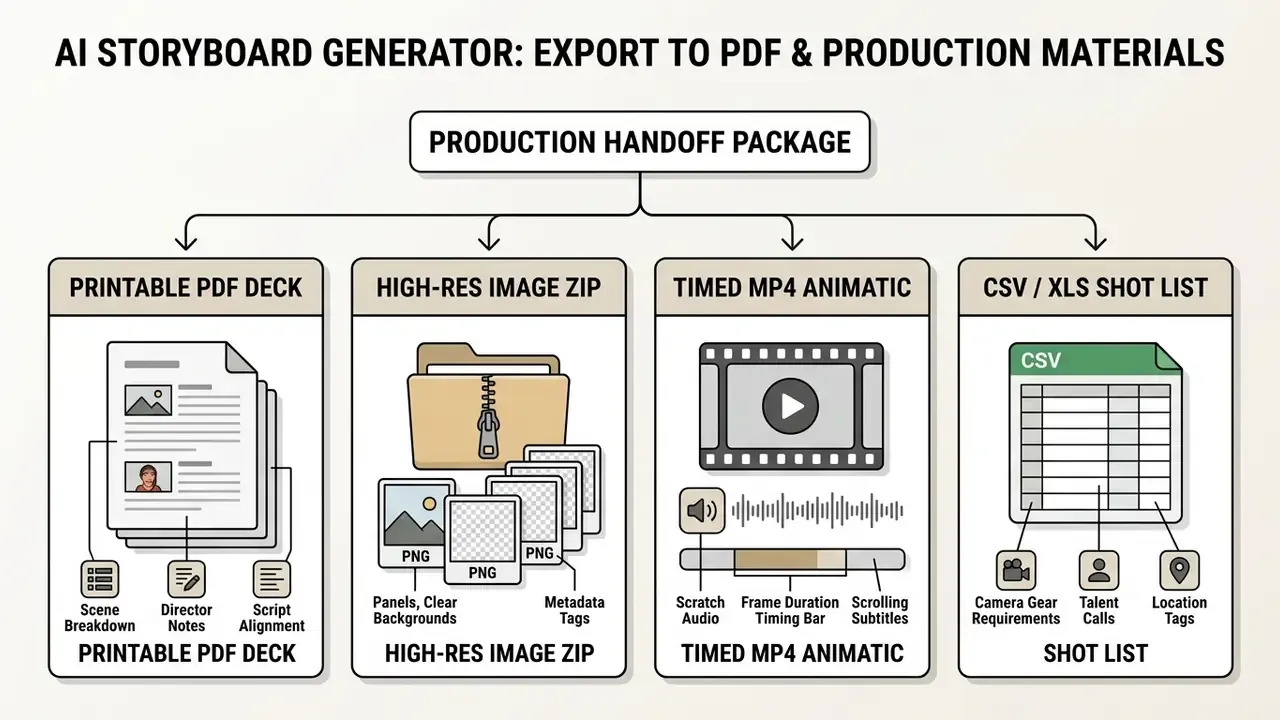 Diagram showing a production handoff package containing a PDF deck, image zip, MP4 animatic, and CSV shot list