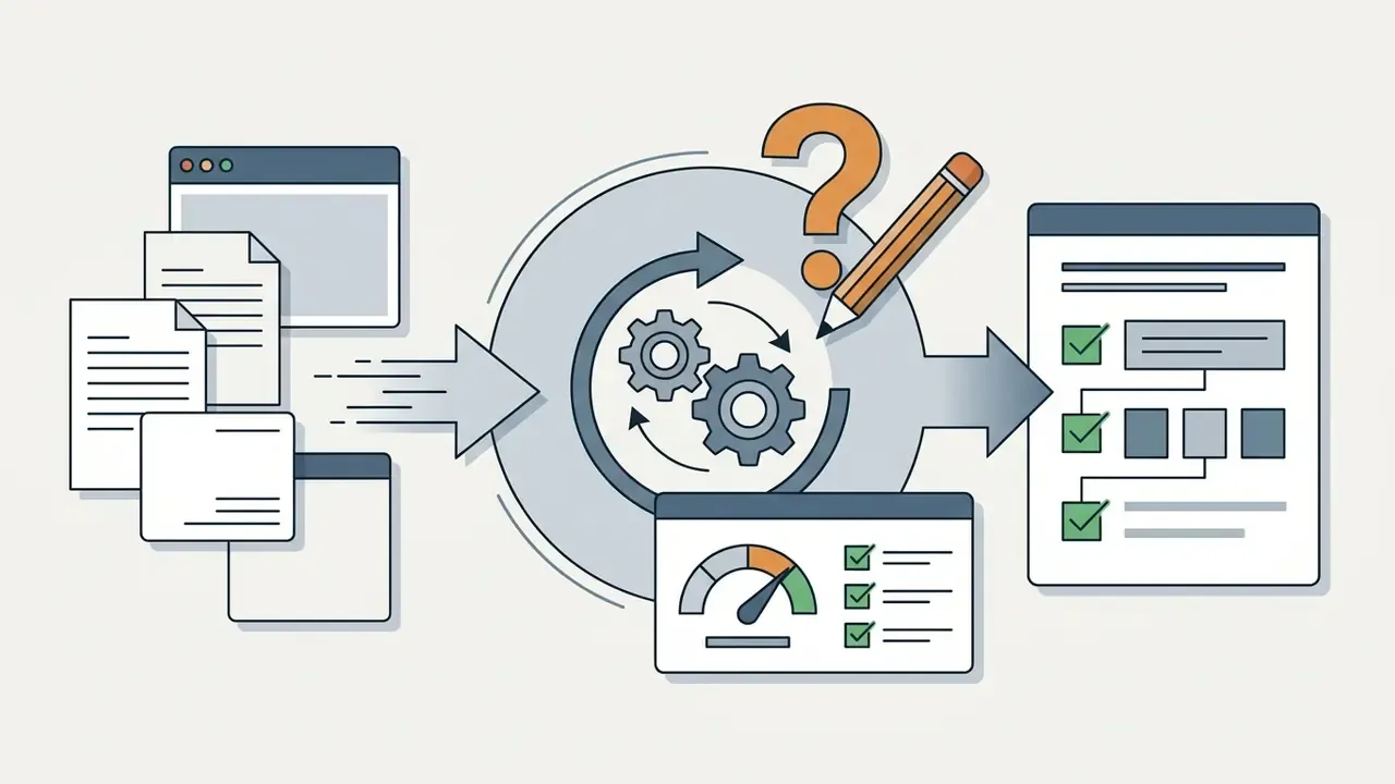 Documents and browser windows being processed by a central gear mechanism into a checklist report