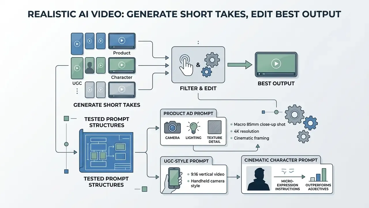 Infographic showing a workflow for generating ai videos that look real through structured prompts