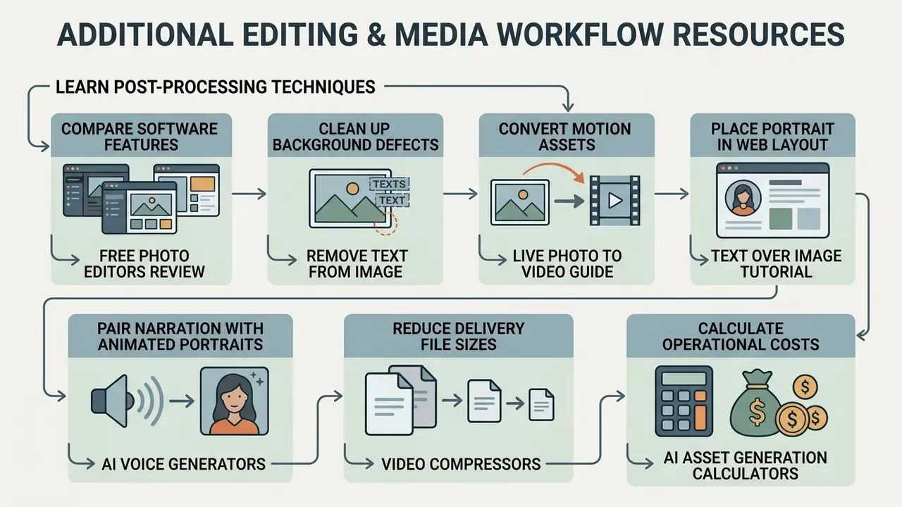 Workflow steps for post-processing media assets including photo editing, file conversion, and cost analysis