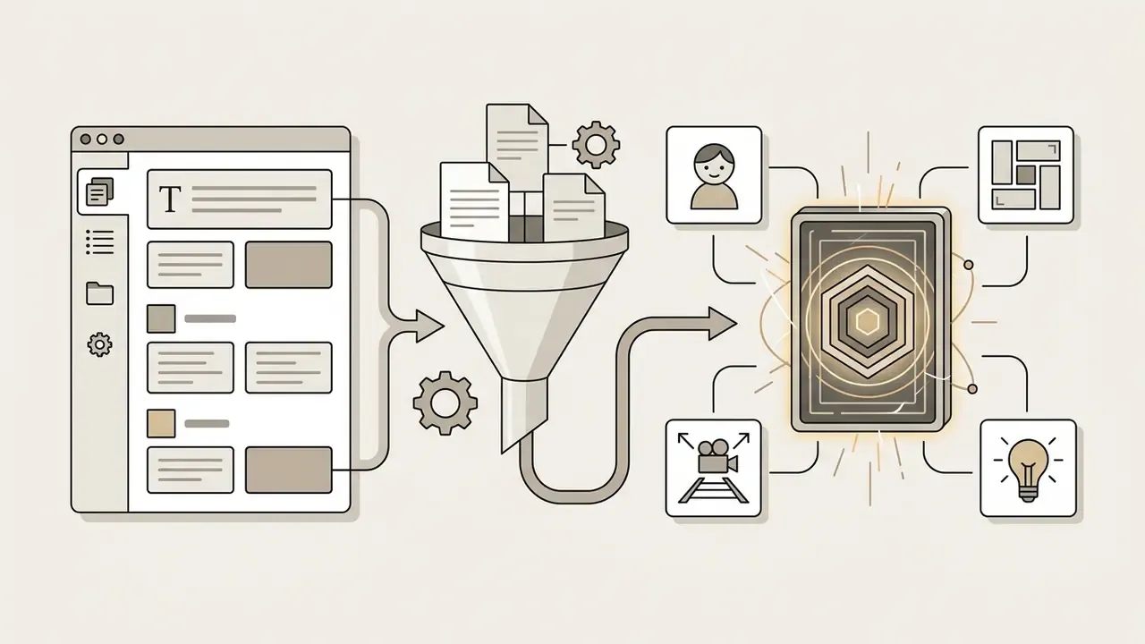 Process showing text input flowing through a funnel into a central engine to generate visual components