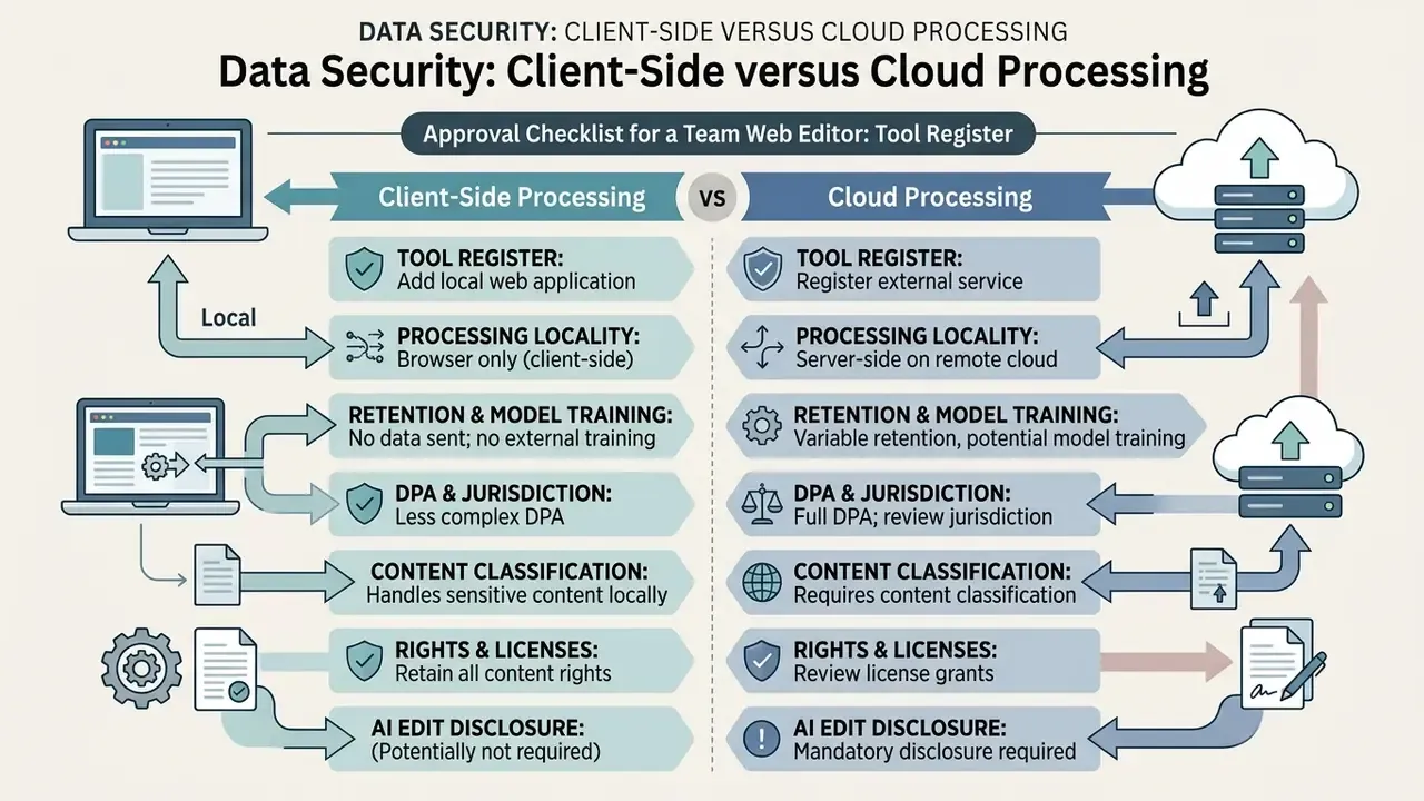 Checklist comparing security and compliance factors for client-side versus cloud-based image processing