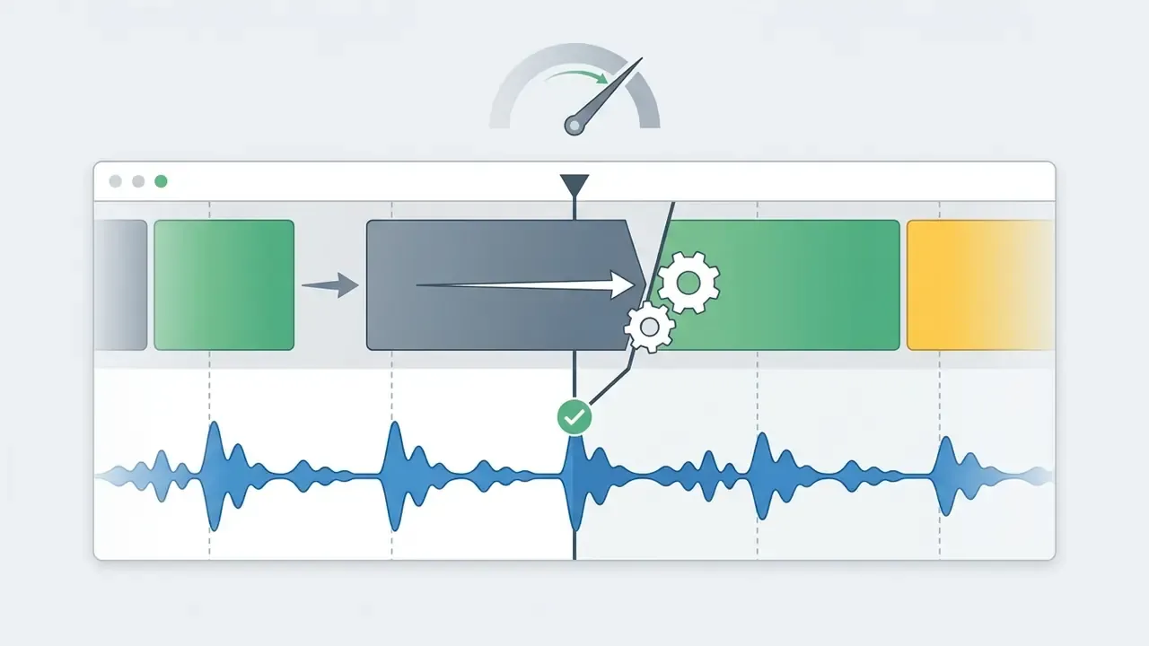 Video editing timeline showing a clip being adjusted to align with a specific peak in an audio waveform
