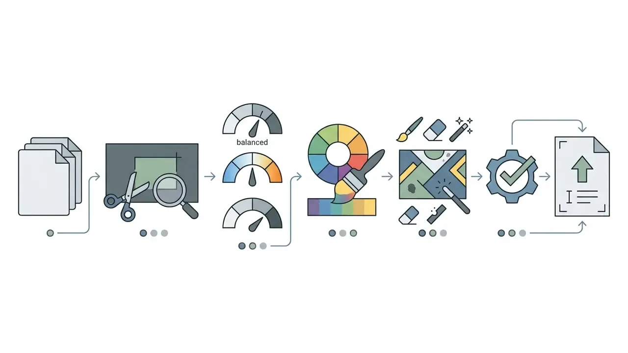 Sequential icons representing the digital workflow for remote photo editor jobs from culling to final export