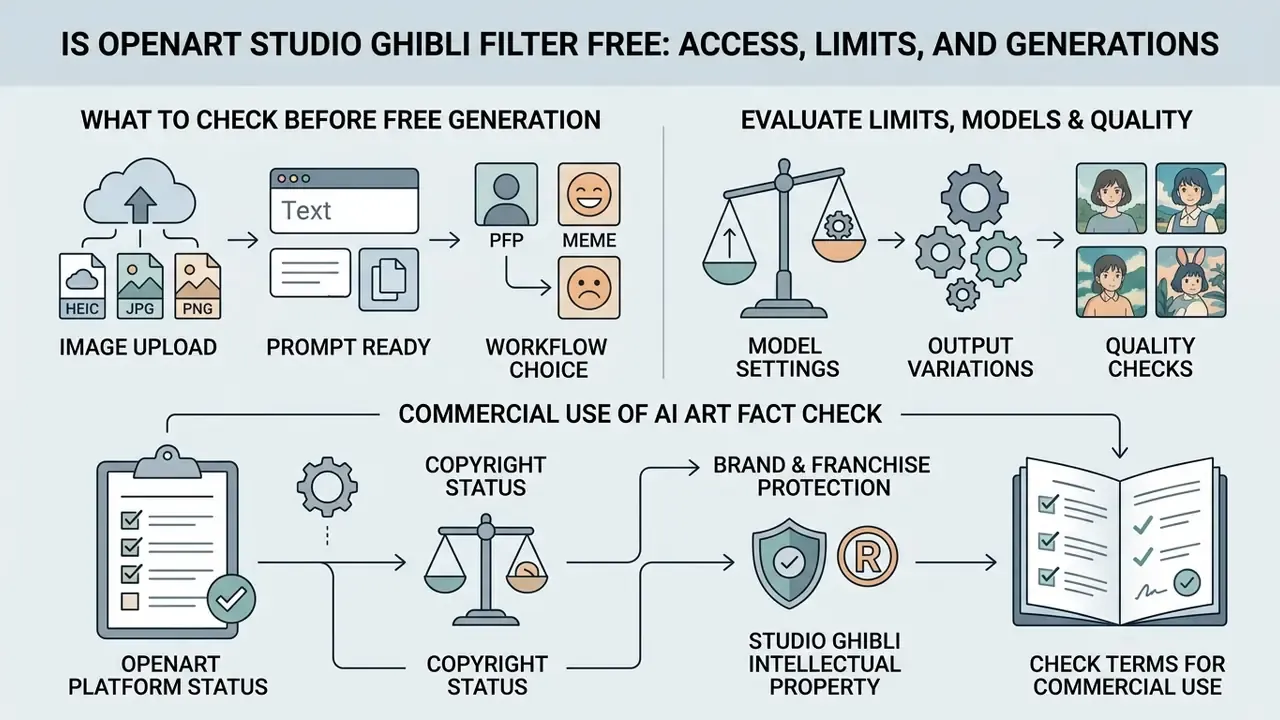 Infographic summarizing OpenArt platform usage, generation limits, and commercial copyright considerations