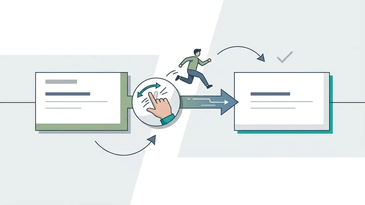 Person jumping between two video frames connected by a swipe gesture icon to show a transition