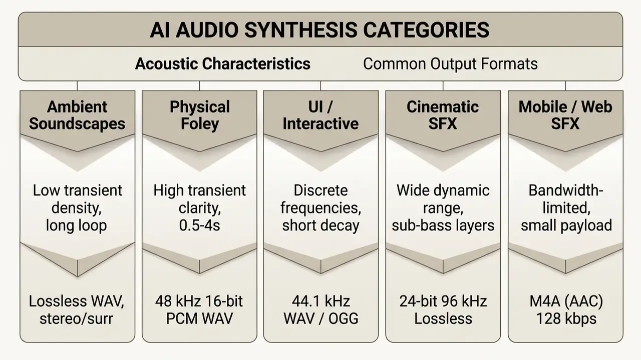 Table mapping five audio production categories to their specific acoustic traits and file formats