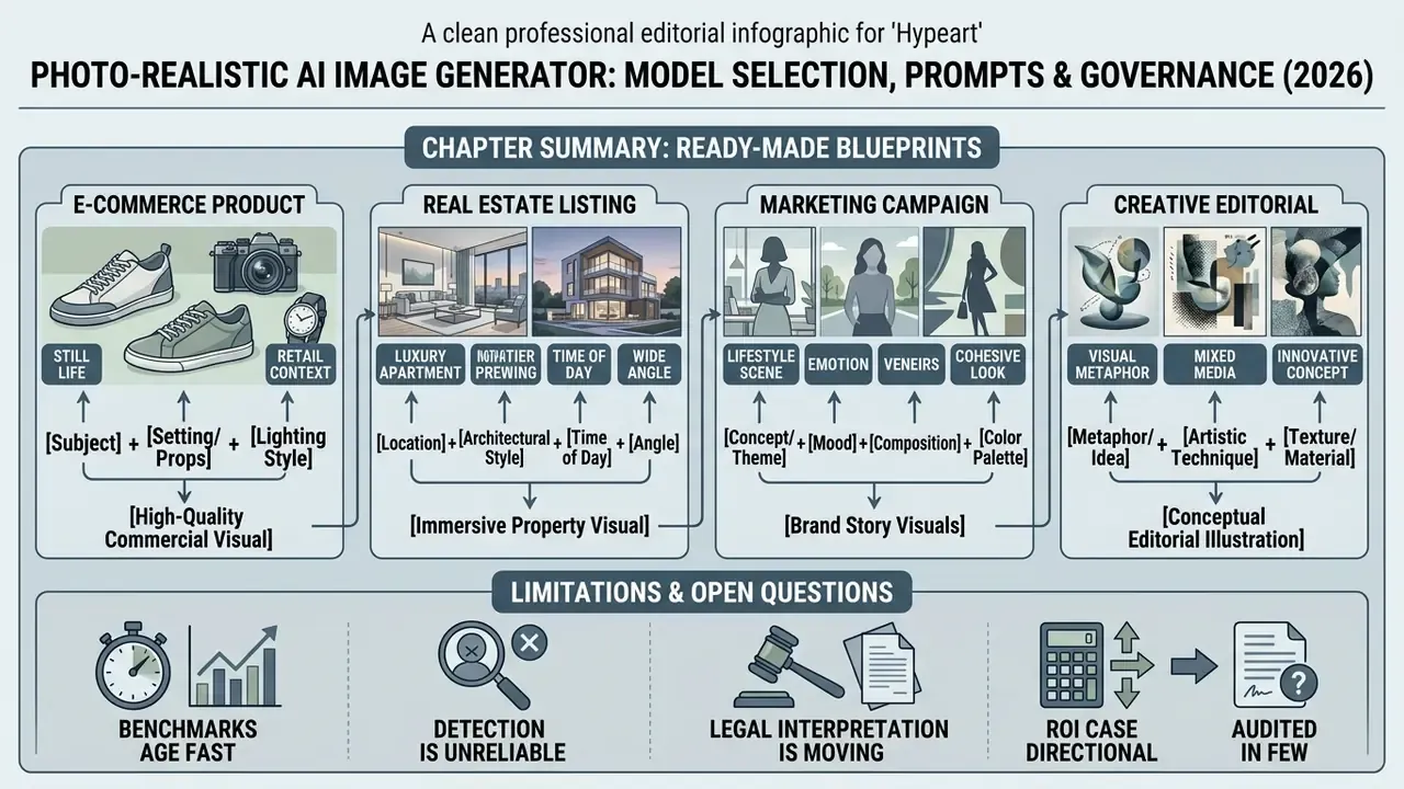 Summary of limitations including aging benchmarks, unreliable detection, legal uncertainty, and ROI challenges