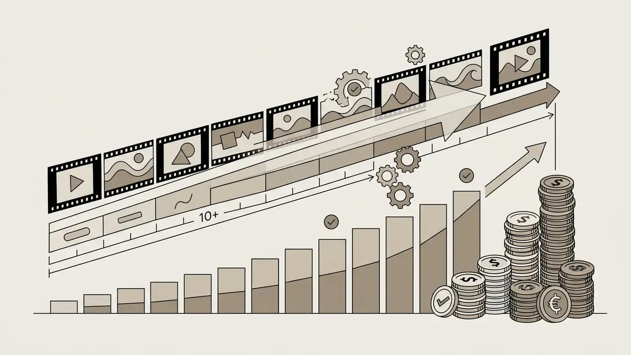 Rising bar chart and film strip timeline showing increased costs for longer video rendering