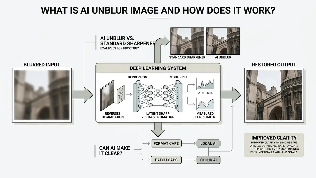 Flowchart showing how a deep learning system processes blurred inputs to generate a clear restored image