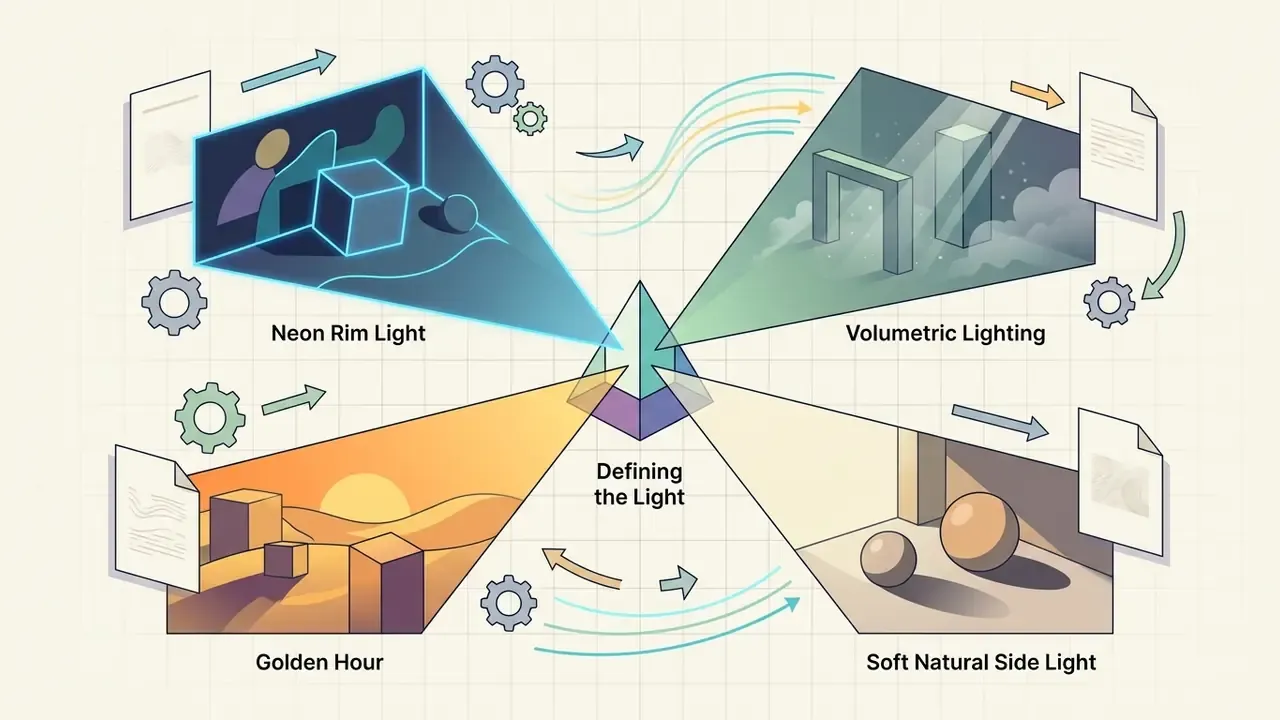 Central prism emitting four distinct lighting styles for digital scenes including neon and golden hour