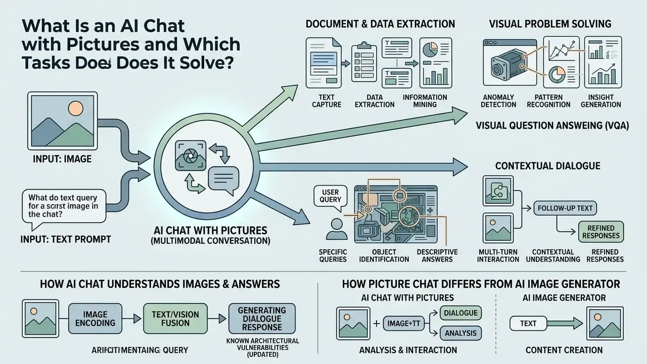 Infographic showing how an AI chat with pictures processes visual inputs to solve various analytical tasks