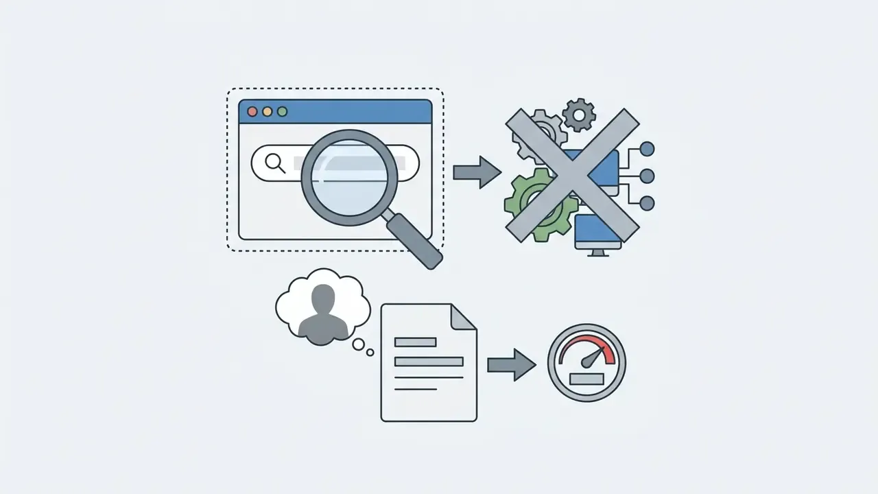 Search bar with magnifying glass leading to crossed out gears and a document linked to a gauge